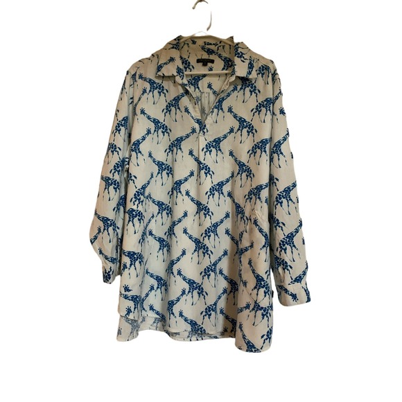 For Cynthia Linen Blend Giraffe Print White/Blue Long Sleeve SZ 2X Womens Top - Picture 1 of 8